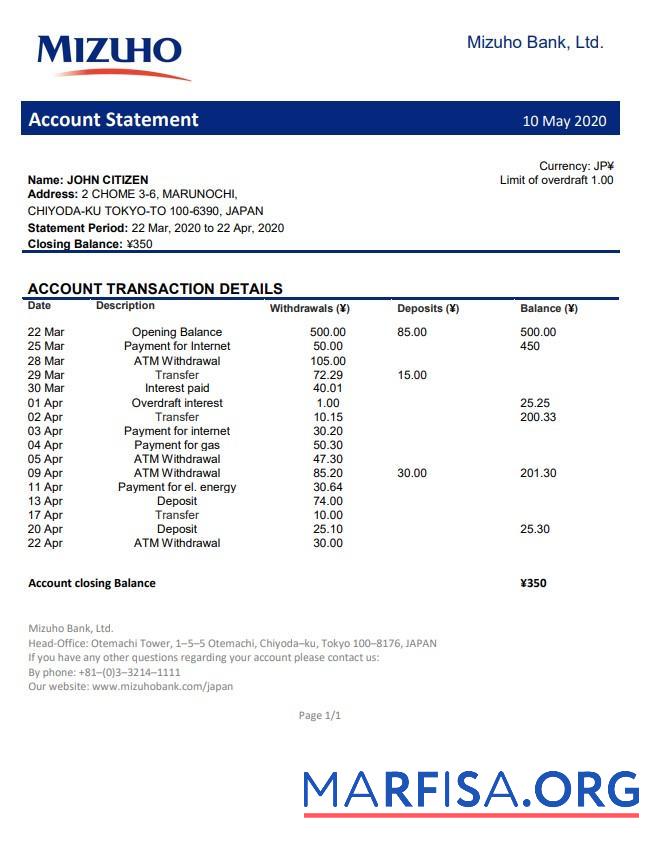 Downloadable Japan Mizuho bank statement word sample